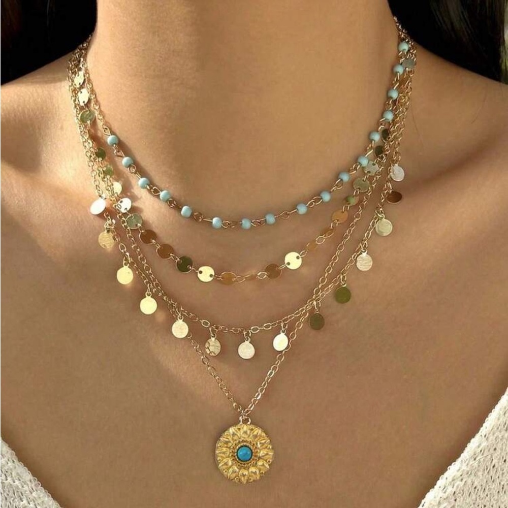 Gold and Turquoise Layered Necklace Set R159 - Picture 2 of 2